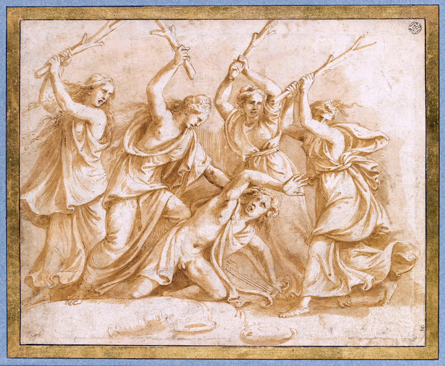 Giulio Romano, Orfeo straziato dalle baccanti (1530 circa; penna e inchiostro bruno, acquerellature a inchiostro bruno, 249 x 310 mm; Parigi, Musée du Louvre, Département des Arts graphiques, inv. 3494)
