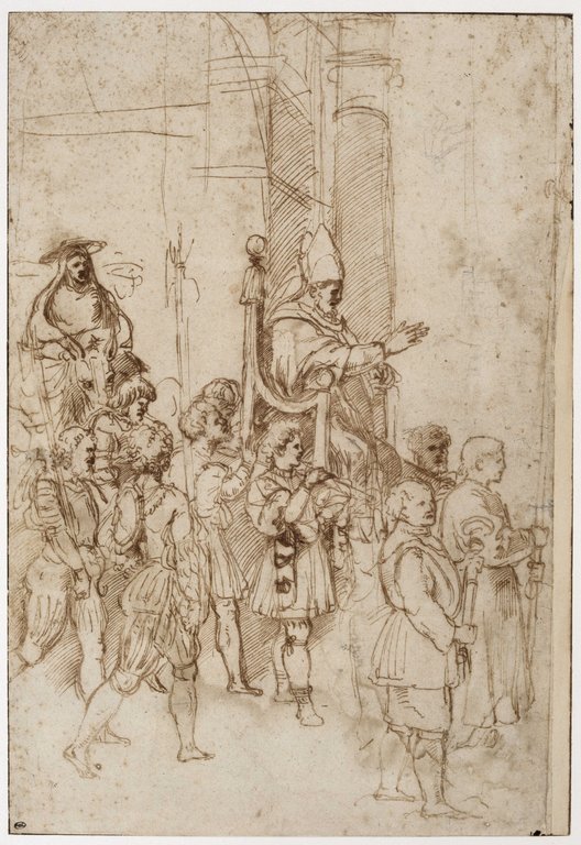Giulio Romano, Papa Silvestro I portato sulla sedia gestatoria, seguito dalla guardia svizzera e da un cardinale su un mulo (1520-1524; penna e inchiostro bruno, 418 x 288 mm; Parigi, Musée du Louvre, Département des Arts graphiques, inv. 3874)
