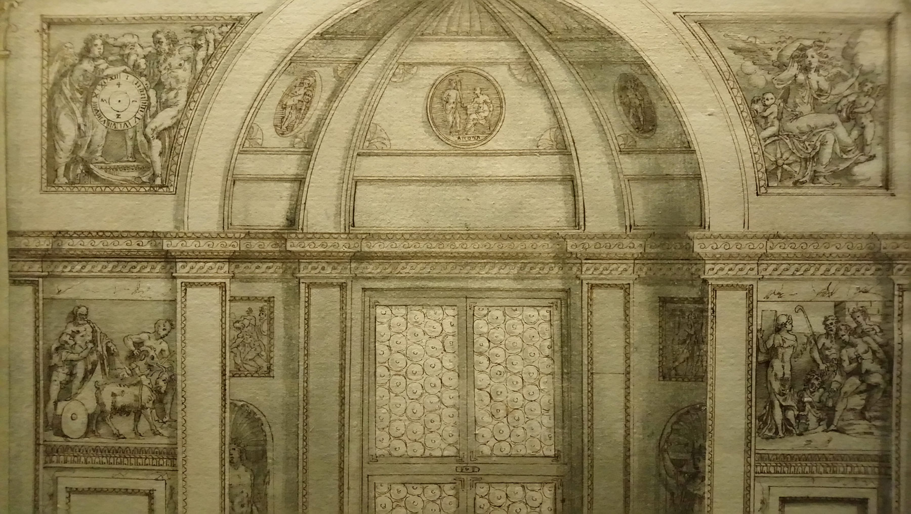Ippolito Andreasi, Testata est della loggia dei Marmi (1567-1568 circa; penna e inchiostro bruno, acquerello grigio, sopra matita nera, 487 x 340 mm; Düsseldorf, Museum Kunstpalast, Graphische Sammlung, inv. FP 10880)
