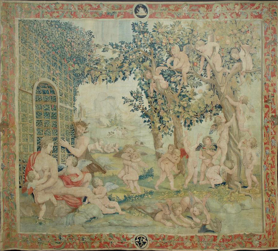 Nicholas Karcher, Venere, un satiro e putti che giocano (1539-1540; arazzo di lana e seta, 410 x 450 cm; Modena, Raffaele Verolino)
