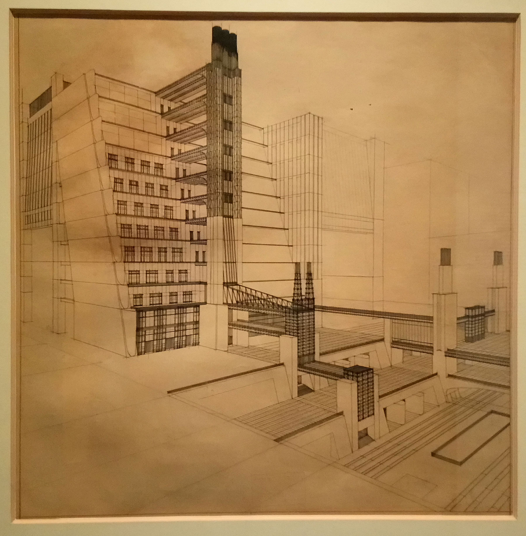 Antonio Sant'Elia, La città nuova. Casa a gradinata con ascensori esterni (1914; inchiostro e matita neri su carta, 56 x 55 cm; Collezione privata)
