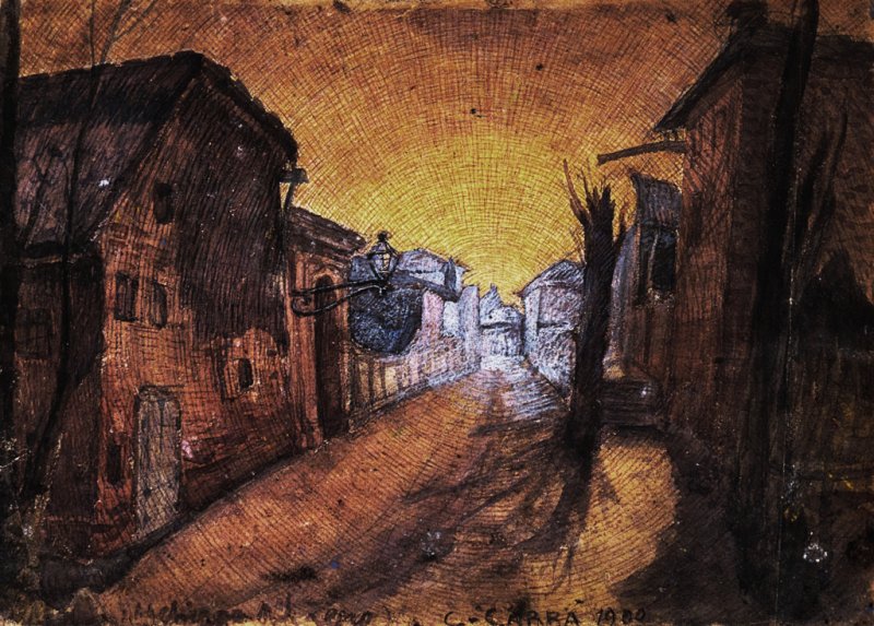 Carlo Carrà, La strada di casa (1900; inchiostro e acquerello su cartone, 25,5 x 35,5 cm; Collezione privata)

