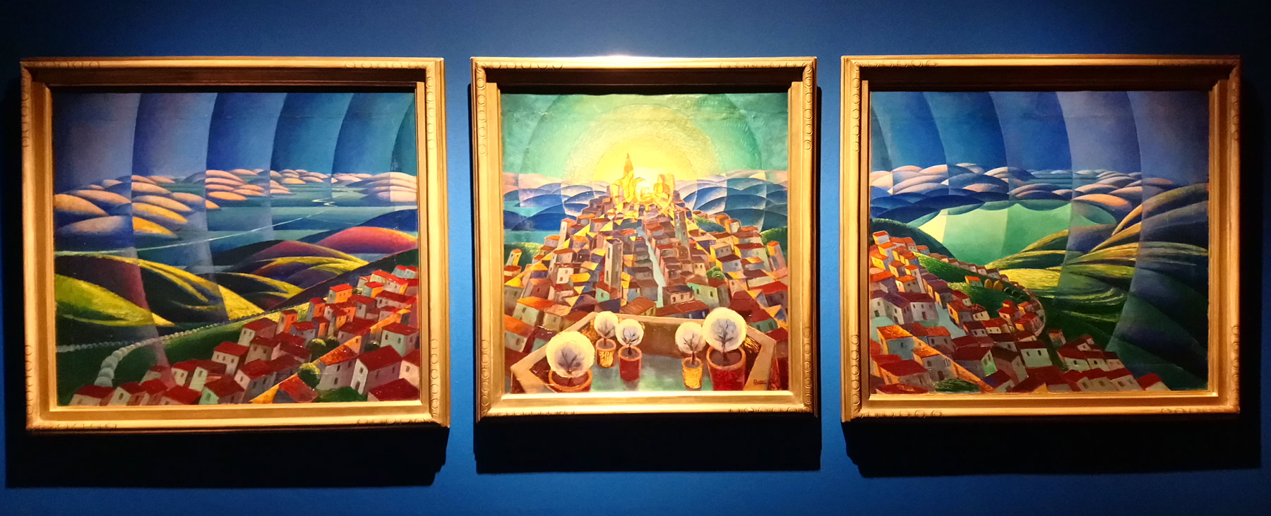 Gerardo Dottori, Aurora umbra, trittico (1931; olio su tela, 80 x 90, 80 x 75 e 80 x 90 cm; Milano, Museo del Novecento)
