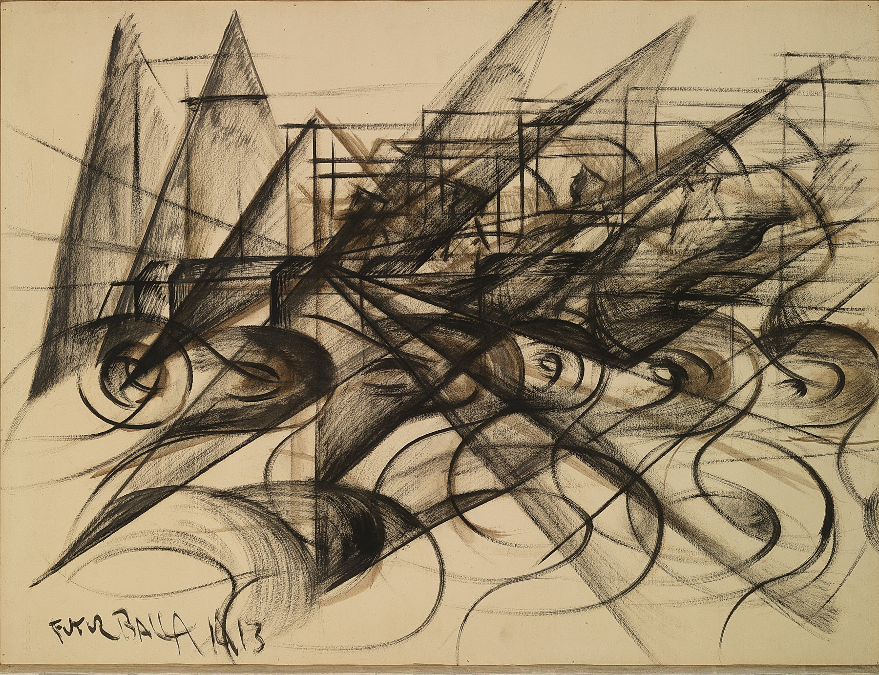 Giacomo Balla, Automobile + velocità + luce (1913-1914; acquerello e seppia su carta, 67 x 88,5 cm; Milano, Museo del Novecento)

