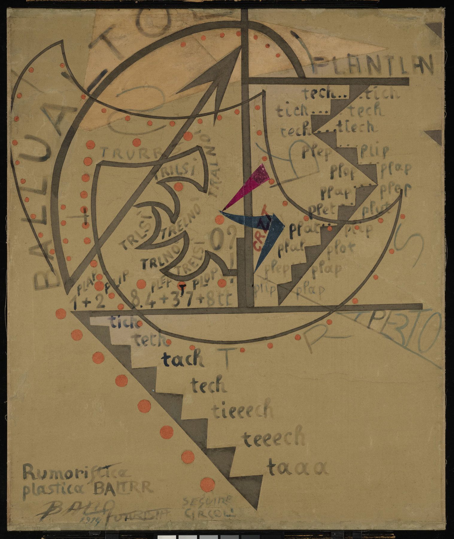 Giacomo Balla, Rumoristica plastica BALTRR (1914; inchiostro, collage e supporti misti su carta appoggiati su tela, 116 x 98 cm; Roma, Collezione M. Carpi)
