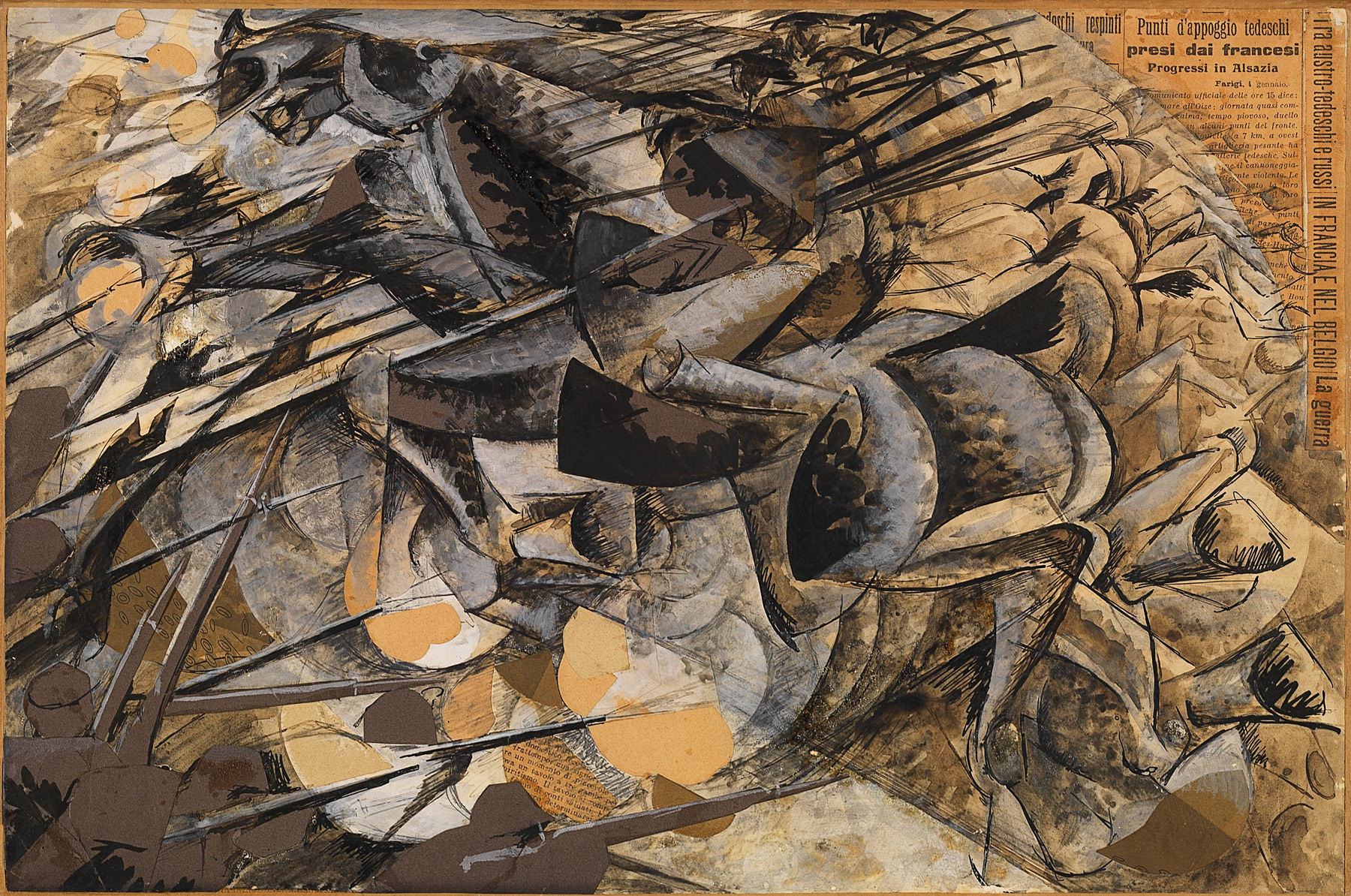 Umberto Boccioni, Carica dei lancieri (1915; penna e inchiostro nero, tempera e collage su carta applicato su tela, 33,4 x 50,3 cm; Milano, Museo del Novecento)

