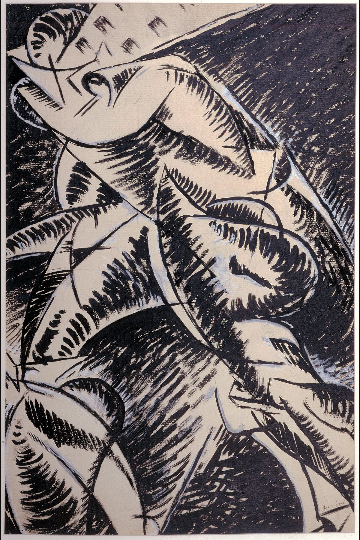 Umberto Boccioni, Voglio fissare le forme umane in movimento (1913; inchiostro nero, tempera bianca e matita, su carta, 87 x 57 cm; Milano, Civiche Raccolte Grafiche e Fotografiche, Gabinetto dei Disegni, Castello Sforzesco)
