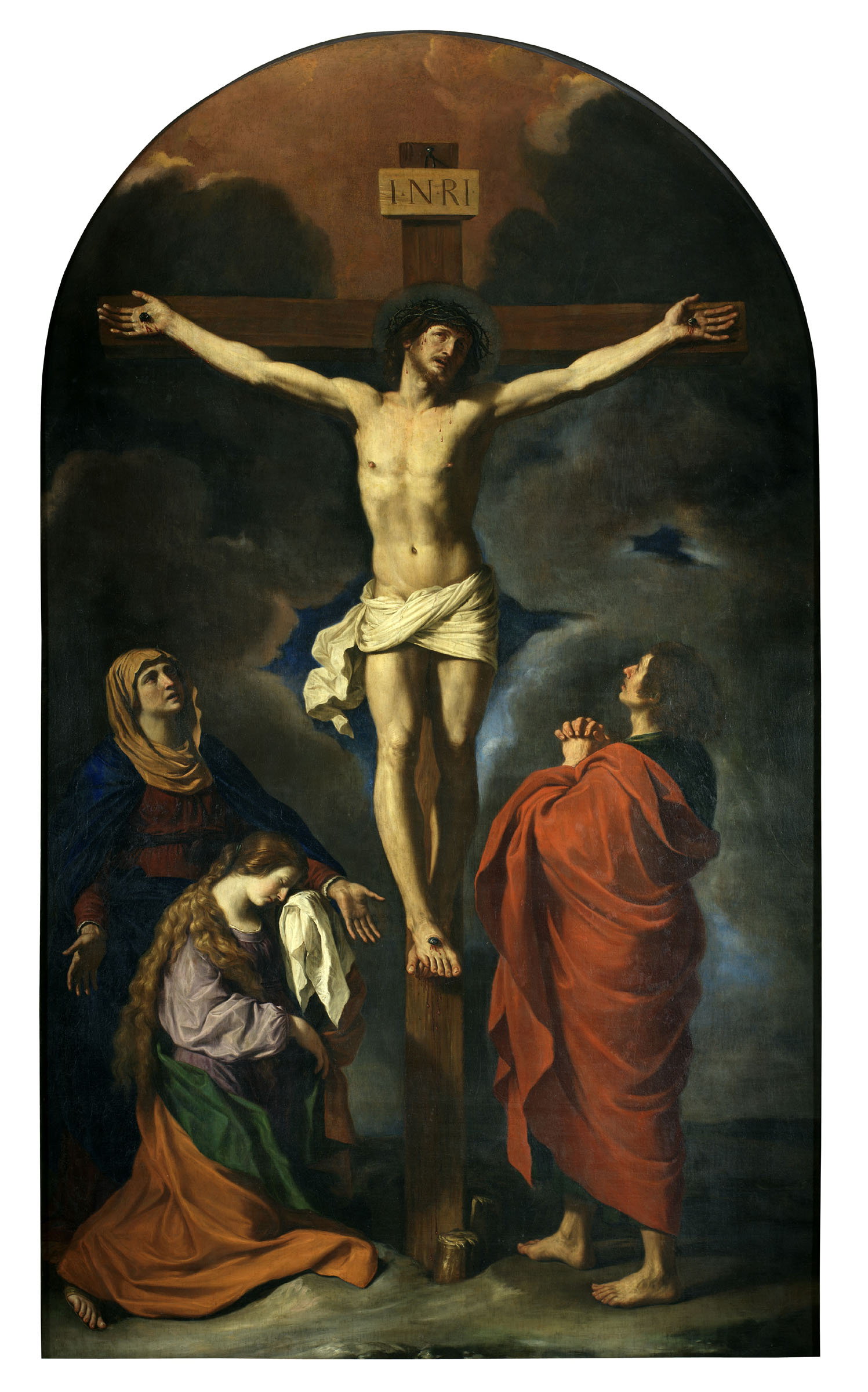 Guercino, Crocifissione con la Madonna, la Maddalena e san Giovanni Evangelista (1643-1645; olio su tela, 383 x 216,5 cm; Cento, chiesa del Santissimo Rosario)
