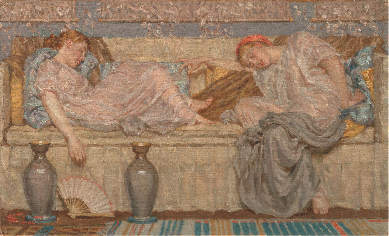 Albert Joseph Moore, Beads (1875; olio su tela, 29,8 x 51,6 cm; Edimburgo, National Gallery of Scotland)
