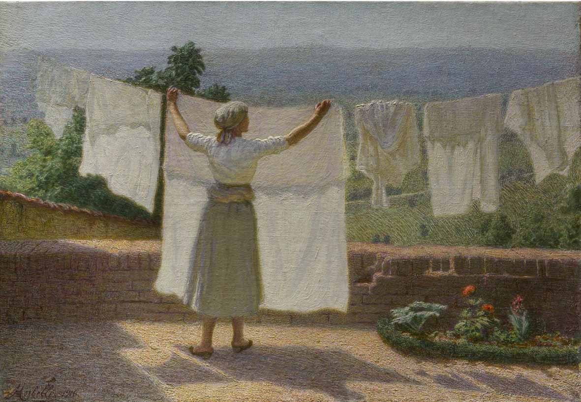 Angelo Morbelli, Distendendo i panni al sole (1916; olio su tela, 43,5 x 62 cm; Collezione privata)