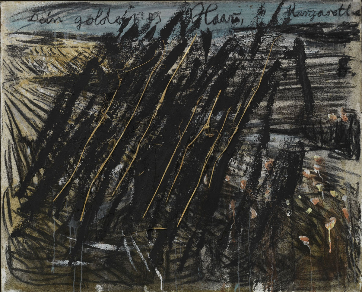 Anselm Kiefer, Dein goldenes Haar, Margarethe (1981; acrilico, emulsione, carboncino e paglia su tela, 118 x 145 cm; Fondazione Solomon R. Guggenheim, Collezione Hannelore B. e Rudolph B. Schulhof, lascito Hannelore B. Schulhof, 2012. / Solomon R. Guggenheim Foundation, New York, Hannelore B. and Rudolph B. Schulhof Collection, bequest of Hannelore B. Schulhof, 2012)
