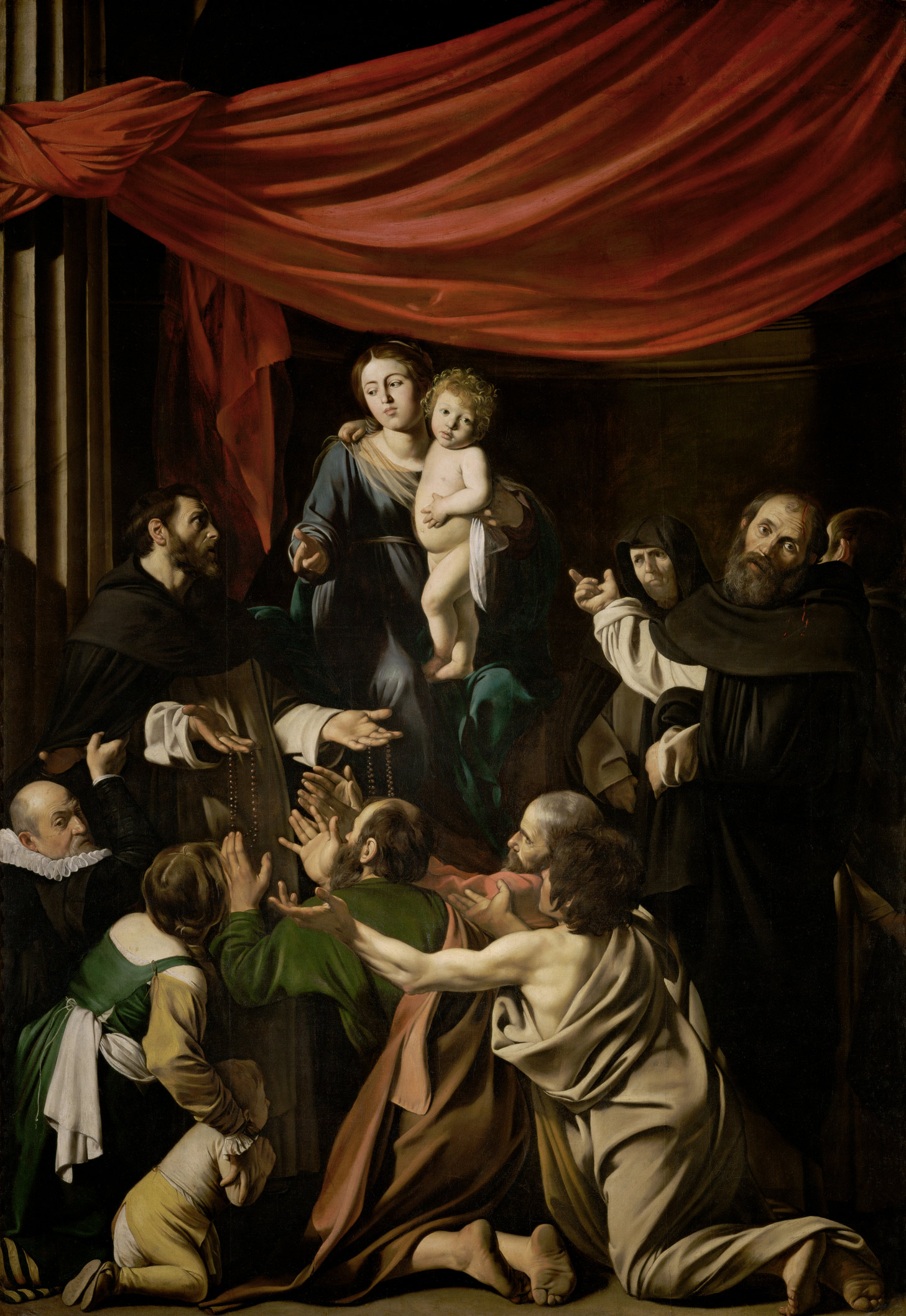 Caravaggio, Madonna del Rosario (1605-1607 circa; olio su tela, 364,5 x 249,5 cm; Vienna, Kunsthistorisches Museum)

