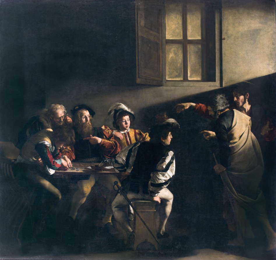 Caravaggio, Vocazione di san Matteo (1599-1600; olio su tela, 322 x 340 cm; Roma, San Luigi dei Francesi, Cappella Contarelli)
