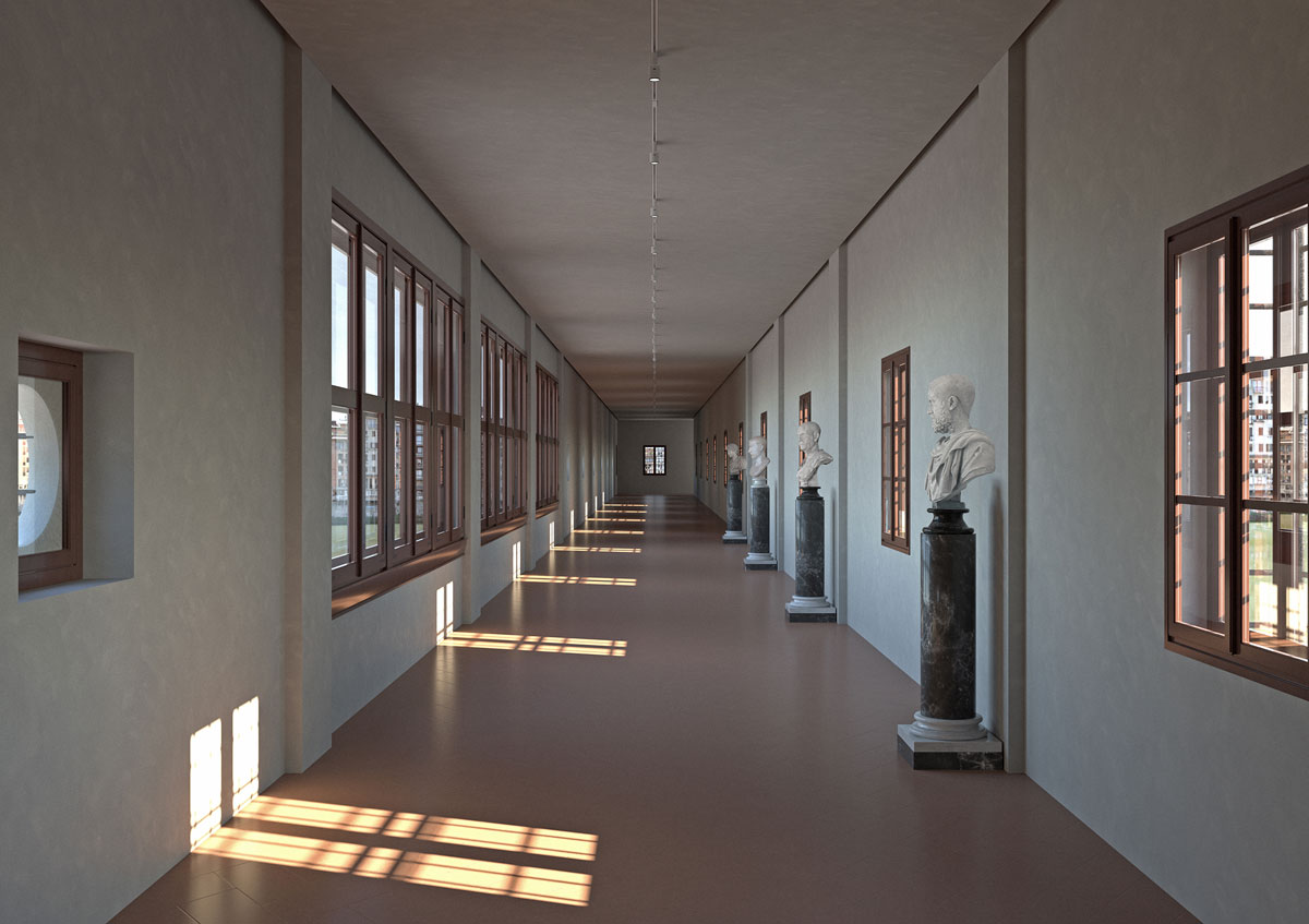 Rendering della sezione del Corridoio Vasariano che corre su Ponte Vecchio
