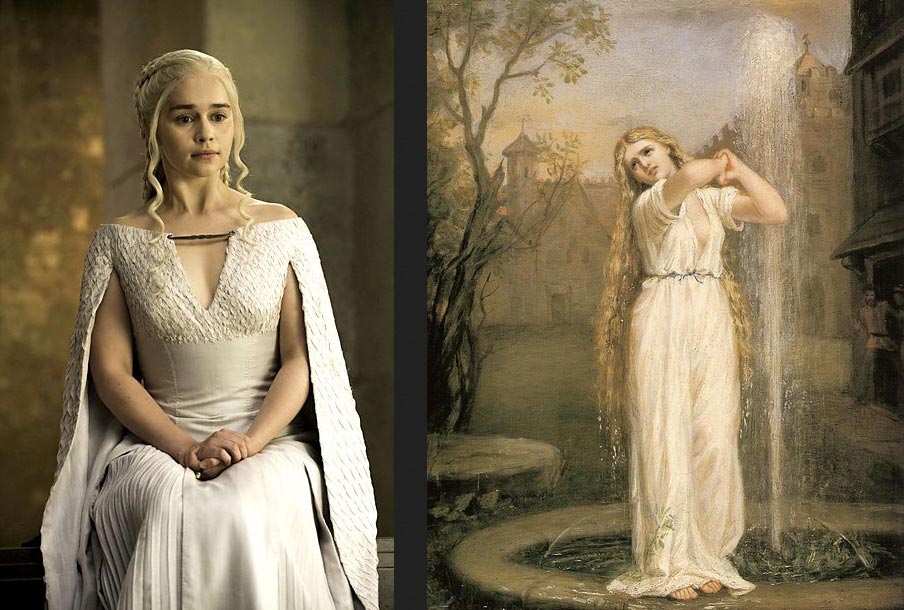 A sinistra: Danaerys Targaryen. A destra: John William Waterhouse, Ondina (1872; olio su tela; Collezione privata) A sinistra: Danaerys Targaryen. A destra: John William Waterhouse, Ondina (1872; olio su tela; Collezione privata)