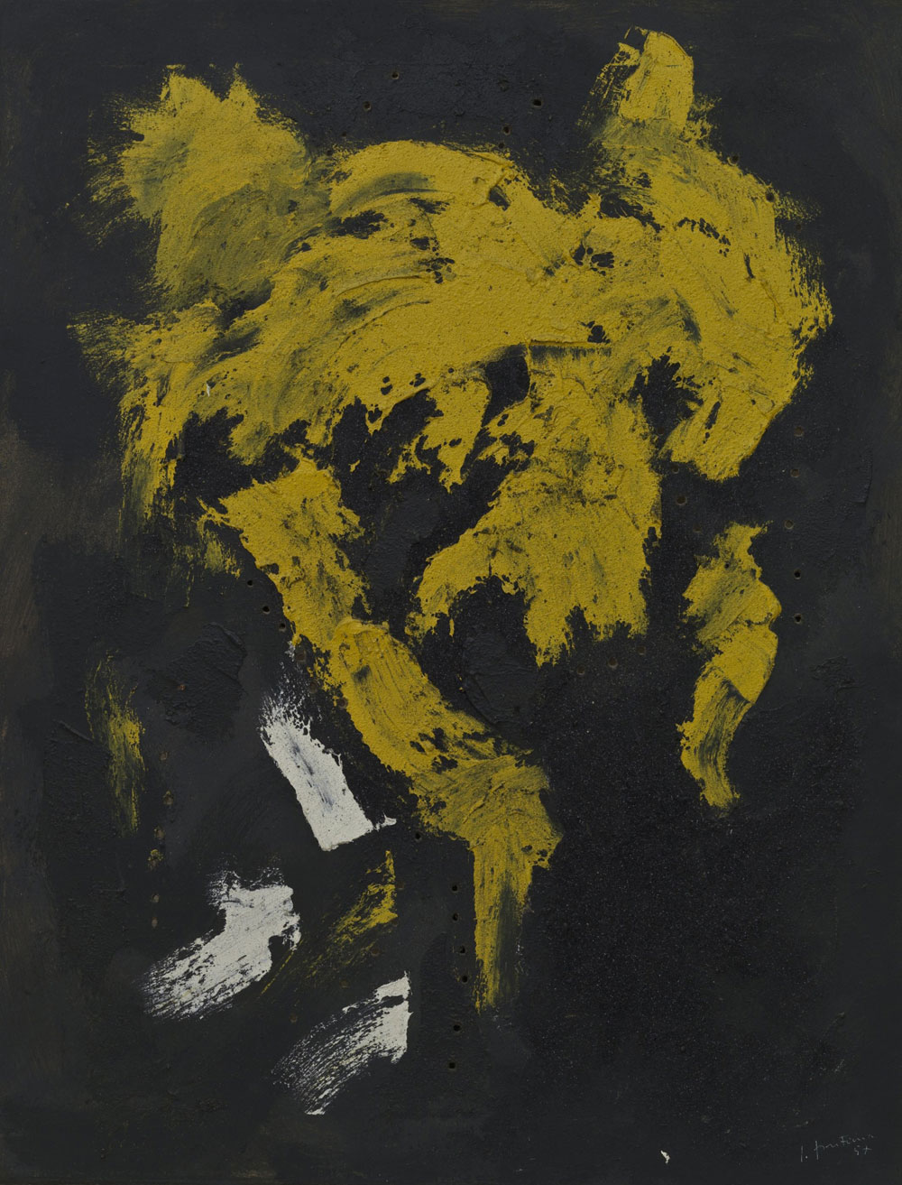 Lucio Fontana, Concetto spaziale (1957; olio, sabbia e brillantini su tela, 115,6 x 88,9 cm; Fondazione Solomon R. Guggenheim, Collezione Hannelore B. e Rudolph B. Schulhof, lascito Hannelore B. Schulhof, 2012. / Solomon R. Guggenheim Foundation, New York, Hannelore B. and Rudolph B. Schulhof Collection, bequest of Hannelore B. Schulhof, 2012)
