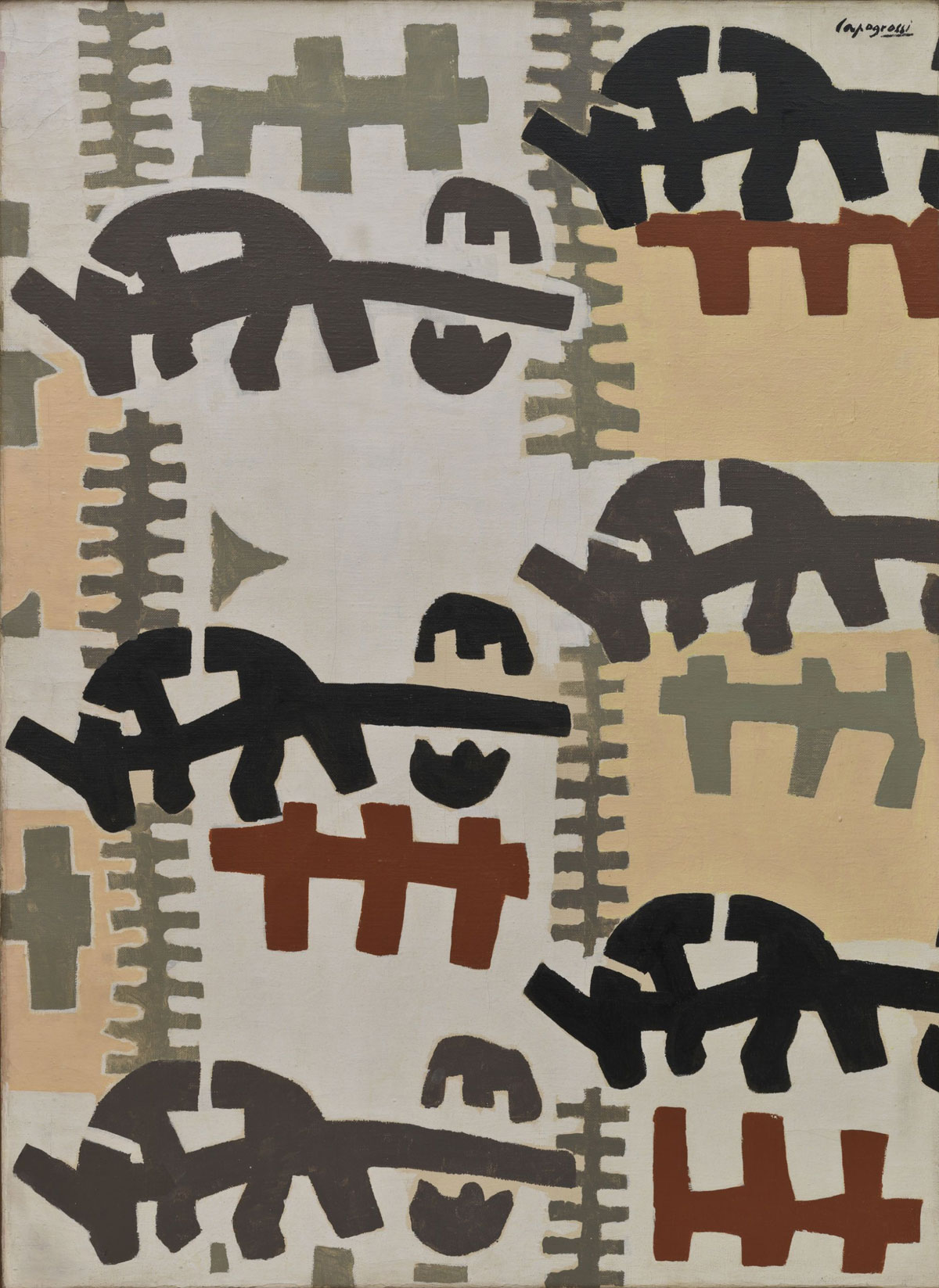 Giuseppe Capogrossi, Superficie 236 (1957; olio su tela, 96,5 x 71,1 cm; Fondazione Solomon R. Guggenheim, Collezione Hannelore B. e Rudolph B. Schulhof, lascito Hannelore B. Schulhof, 2012. / Solomon R. Guggenheim Foundation, New York, Hannelore B. and Rudolph B. Schulhof Collection, bequest of Hannelore B. Schulhof, 2012)
