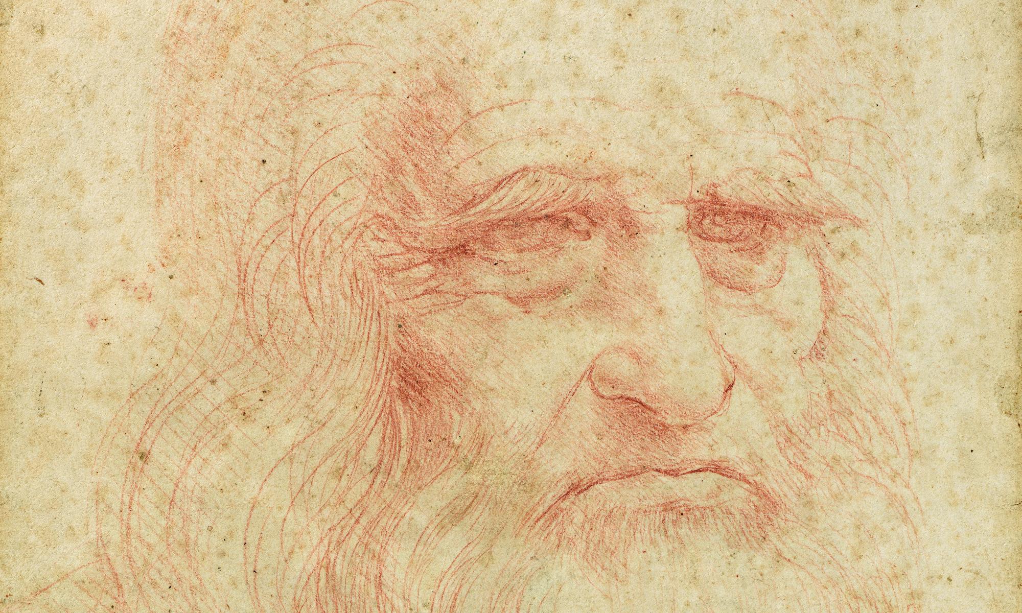 Leonardo da Vinci, Ritratto d'uomo noto come Autoritratto, dettaglio (1515 circa; sanguigna su carta, 33,5 × 21,6 cm; Torino, Biblioteca Reale)