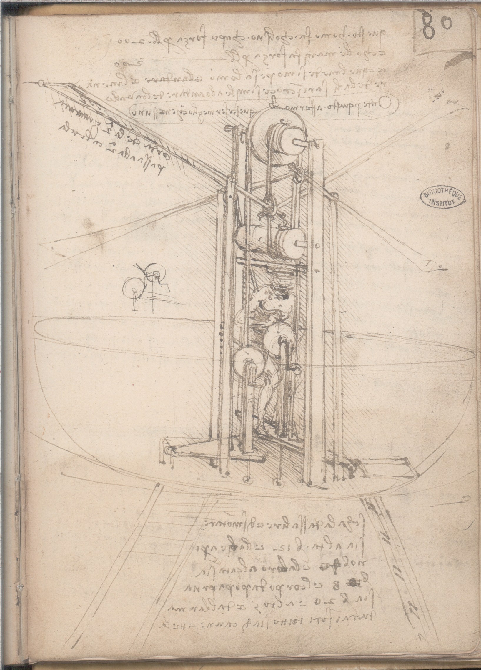 Leonardo da Vinci, Vascello volante con pilota in posizione centrale (Ms. B, c. 80r)
