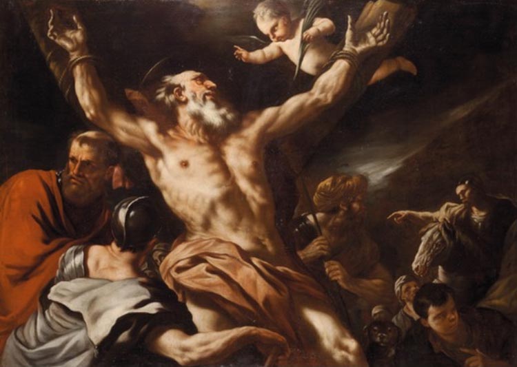 Luca Giordano, Crocifissione di sant'Andrea (1660 circa; olio su tela, 128 x 178,5 cm; Collezione privata) Luca Giordano, Crocifissione di sant'Andrea (1660 circa; olio su tela, 128 x 178,5 cm; Collezione privata)