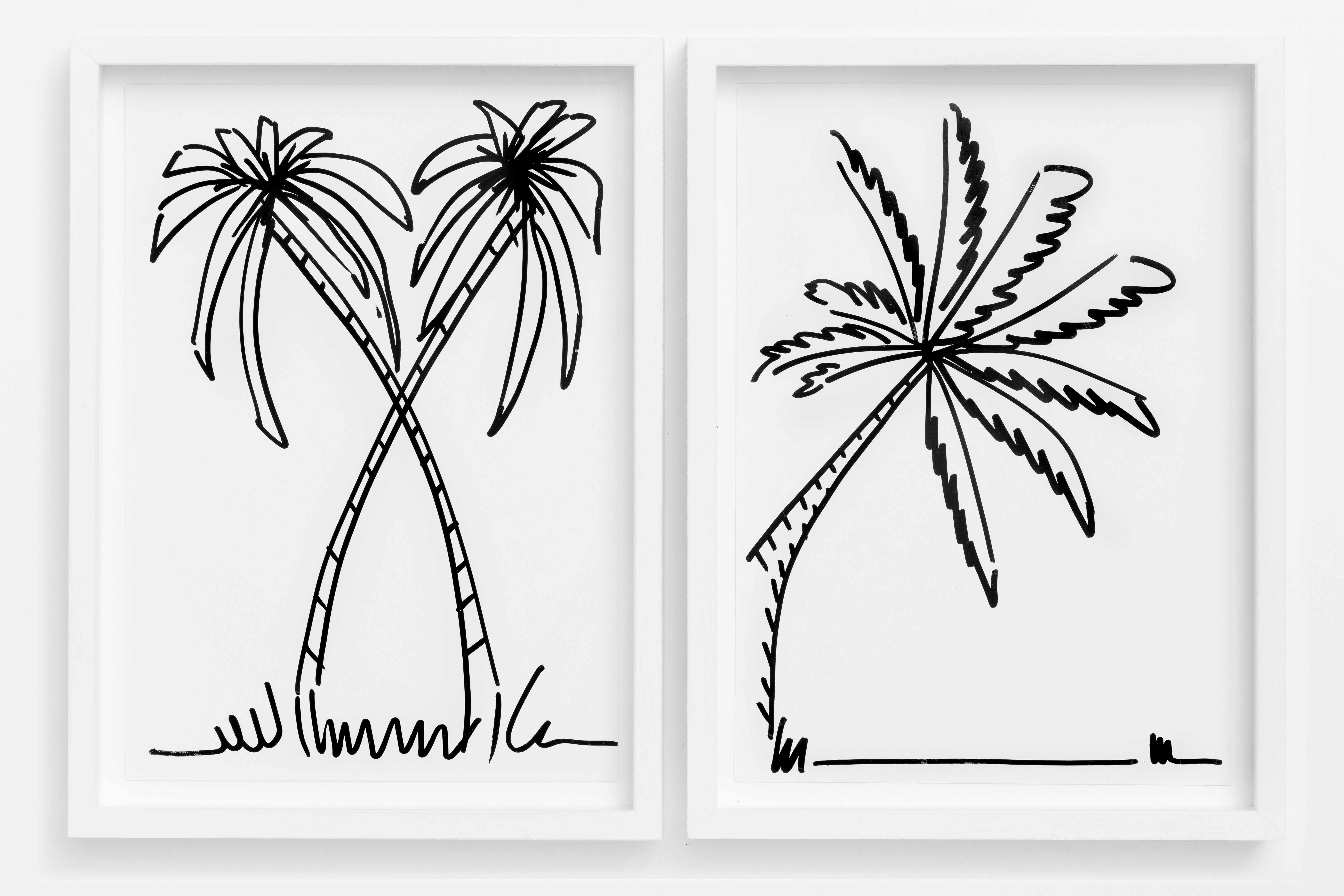Marco Strappato, 32 days at Rupert, Vilnius. Looking into the wood, dreaming palm trees (2017/2018; 32 disegni incorniciati, pennarello acrilico su cartoncino, 210 x 140 cm circa). Courtesy l’artista e The Gallery Apart, Roma
