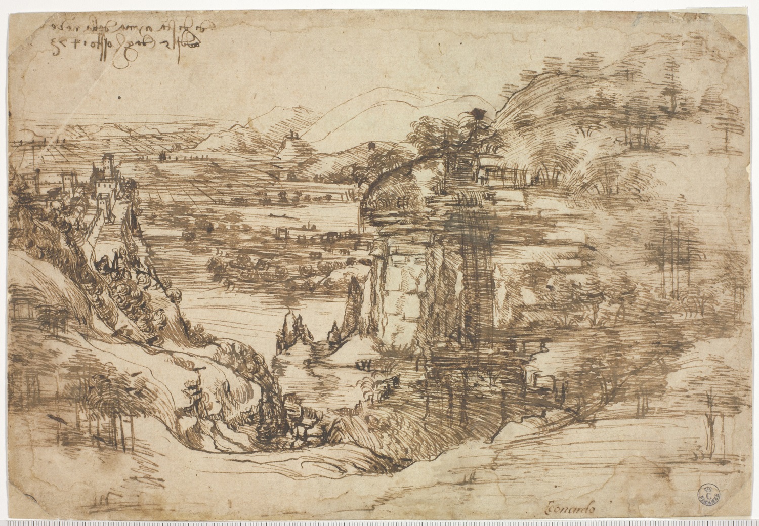 Leonardo da Vinci, Paesaggio con fiume (1473; penna su carta bianca ingiallita, 196 x 287 mm; Firenze, Uffizi, Gabinetto dei Disegni e delle Stampe)