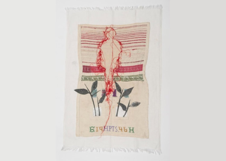 Primarosa Cesarini Sforza, Ricamo a due (2018; pannolino, filo di seta e piombo, 47 x 65 cm)
