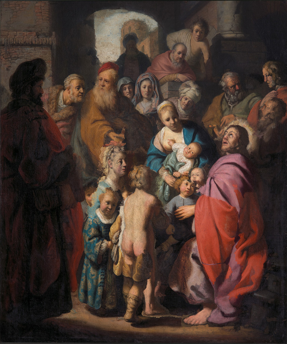 Rembrandt (attribuito), Sinite parvulos venire ad me (1627-1628 circa; olio su tela; Collezione privata)
