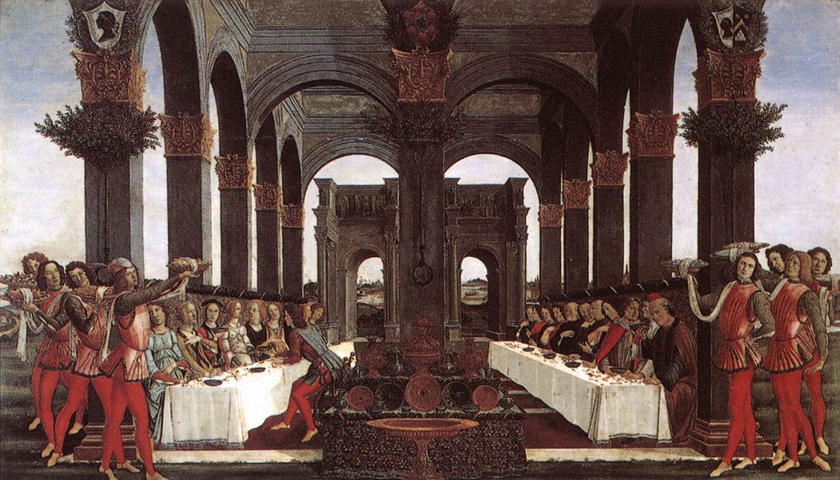Sandro Botticelli, Le nozze di Nastagio degli Onesti (1483; tempera su tavola, 83 x 142 cm; Firenze, Collezione Pucci) Sandro Botticelli, Le nozze di Nastagio degli Onesti (1483; tempera su tavola, 83 x 142 cm; Firenze, Collezione Pucci)