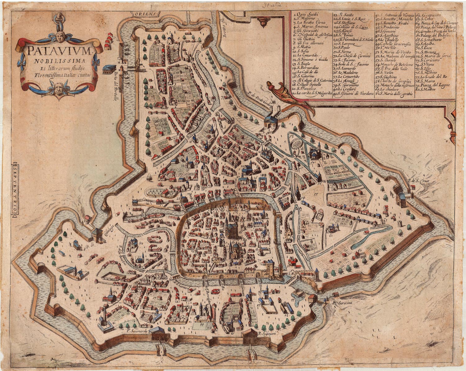 Anonimo, Patavium nobilissima et litterarum studijs florentissima Italiae civitas 1617, Tratta da Civitates orbis terraurm […] Cologne, P. von Brachel (1572-1617; incisione in rame,  390x484 mm; Collezione privata)
