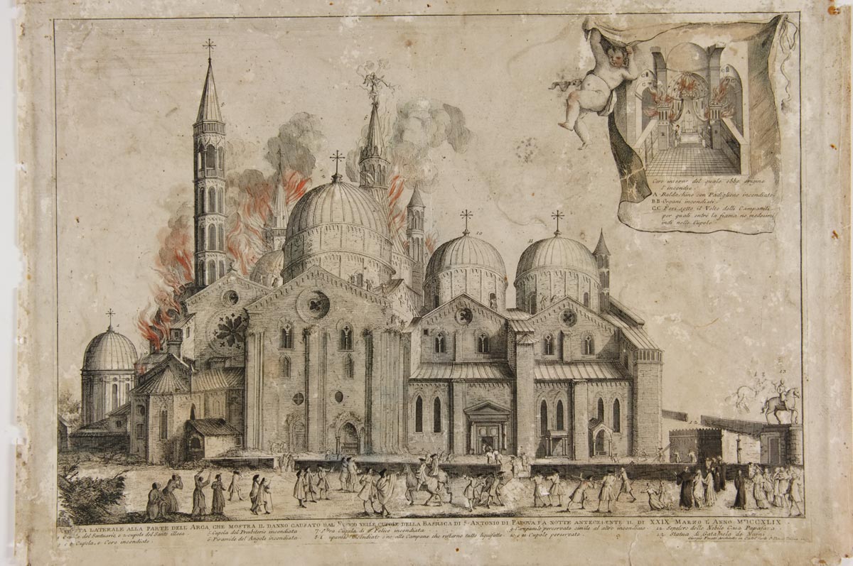 Giorgio Fossati, Veduta laterale alla parte dell’arca che mostra il danno causato dal fuoco nelle cupole della basilica di S. Antonio di Padova […] (XVIII secolo; incisione in rame, 350x495 mm; Padova, Complesso Antoniano)

