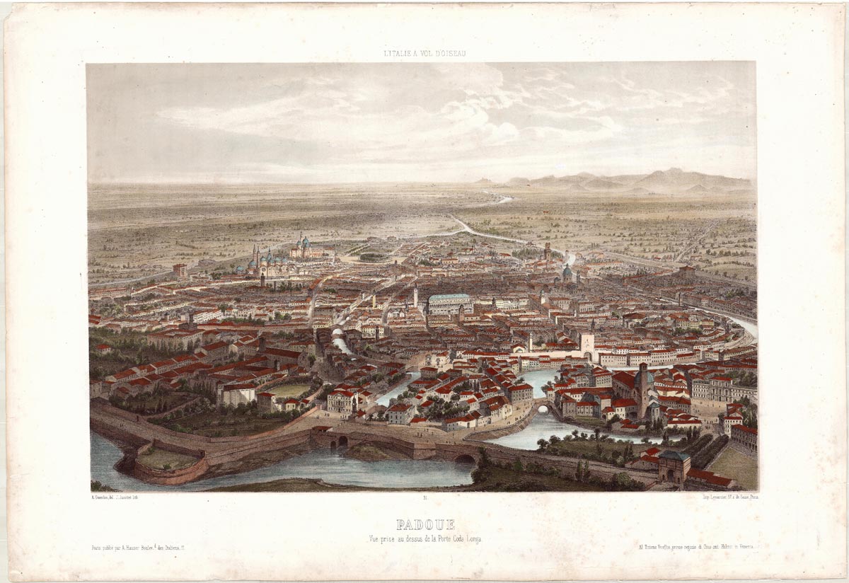 Alfred Guesdon, Jean Jacottet, Padoue, vue prise au dessus de la porte Coda Lunga, Parigi, A. Hauser (1849; litografia, 280x438 mm; Collezione privata)
