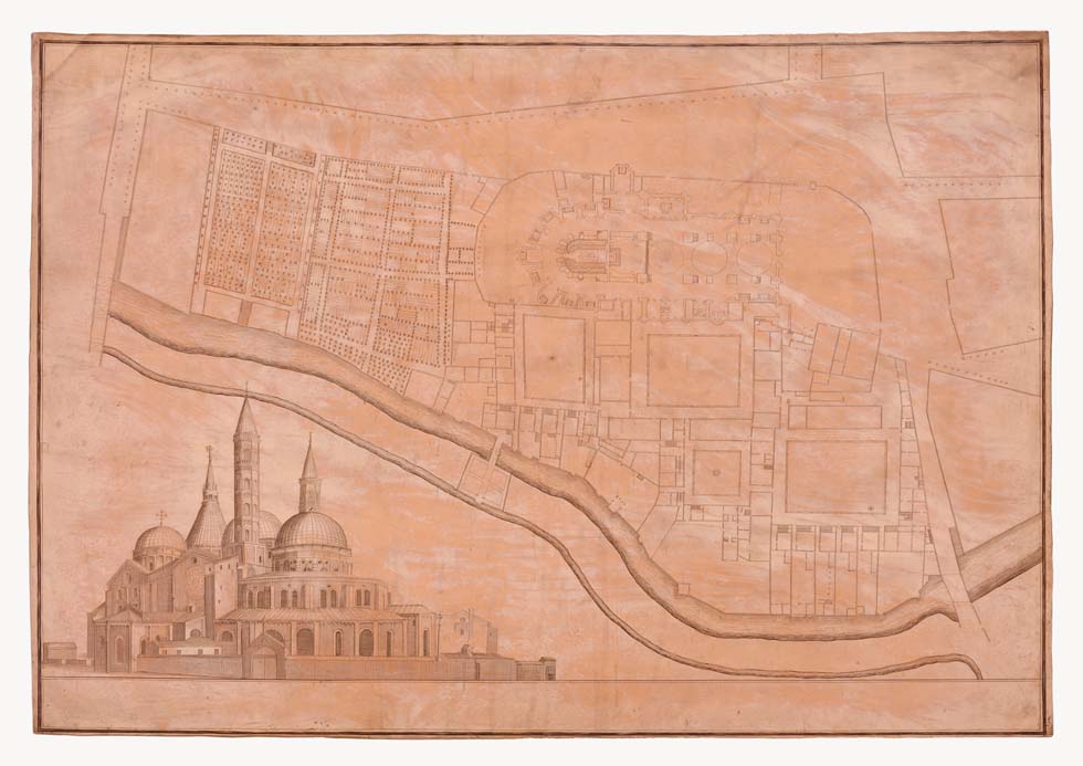 Vincenzo Coronelli, Basilica e monastero del Santo di Padova de’ Min. Conventuali (Fine del XVII secolo - Inizi del XVIII secolo; incisione in rame, 435x700 mm, matrice in rame 493x679 mm; Padova, Complesso Antoniano)
