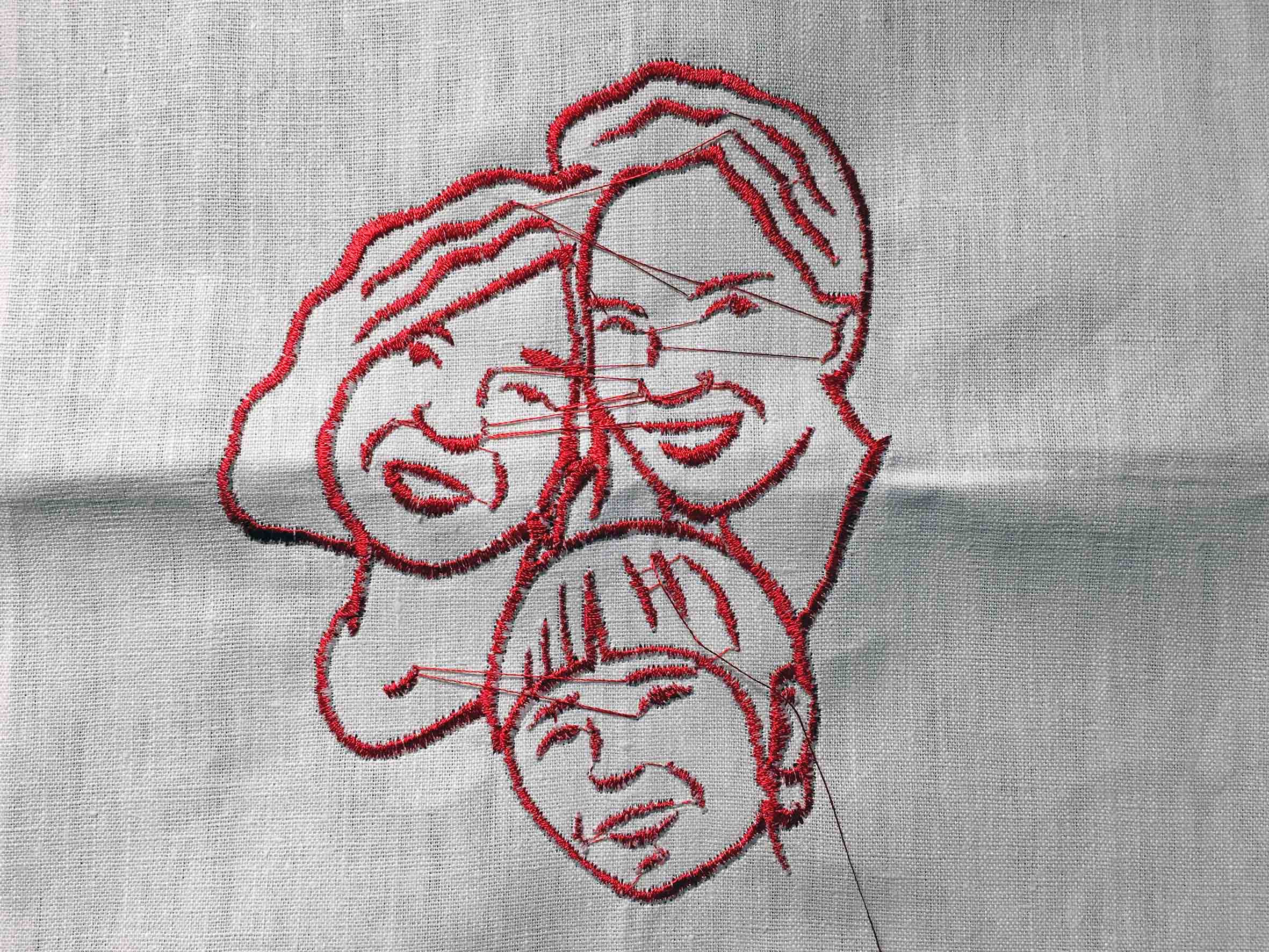 Sasha Huber, Three Generation Blood Line (2016; pannolino, filo di ryon, 50 x 52 cm)
