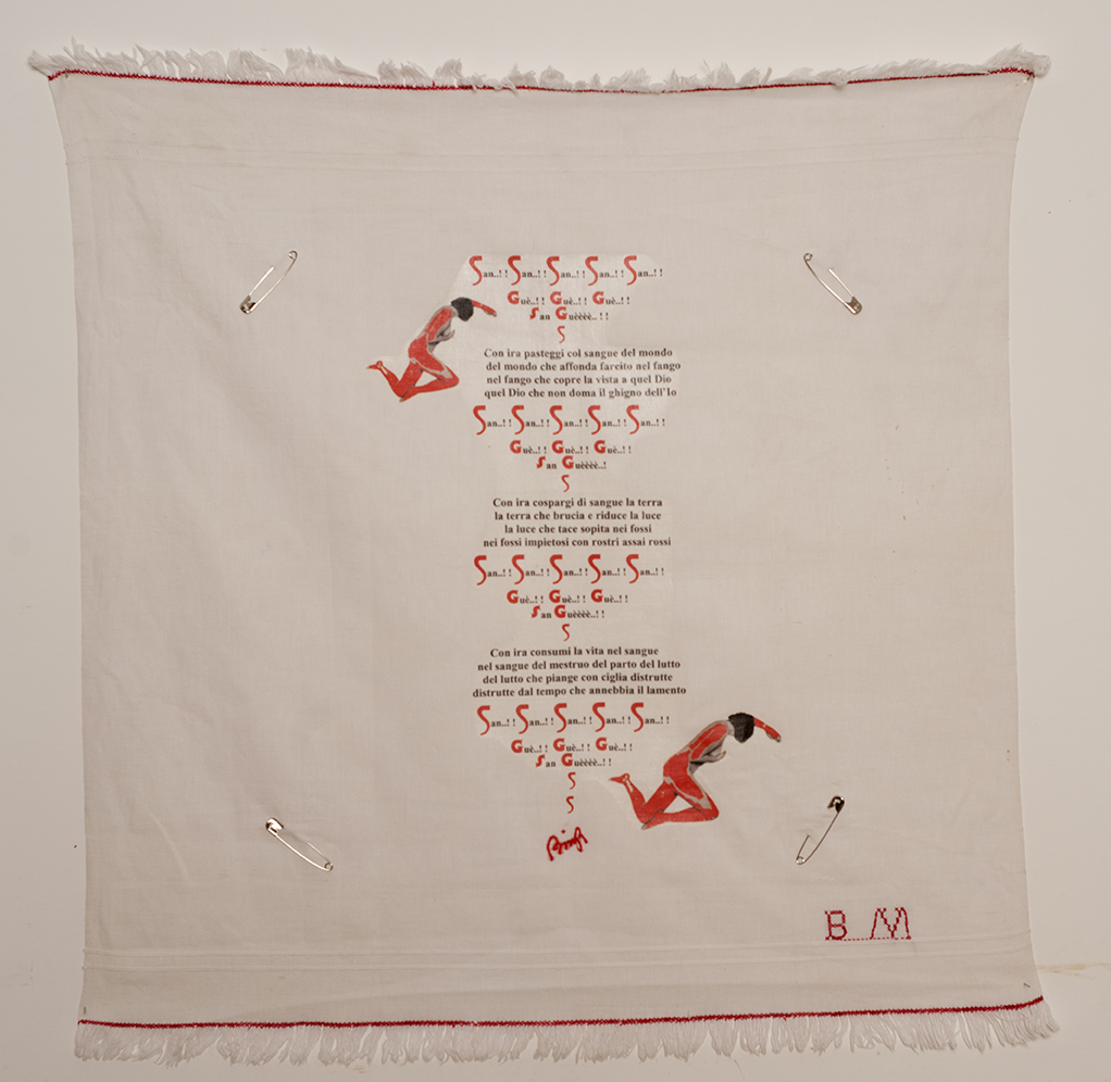 Tomaso Binga, San guè (2016; pannolino, stampa, spille da balia, 70 x 66 cm)
