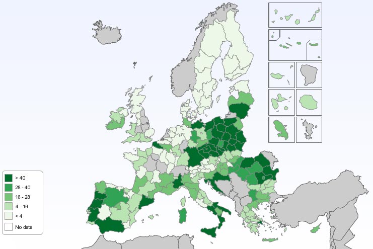 La spesa dell'Unione Europea per la cultura nei fondi europei di sviluppo regionale (in milioni di euro). Fonte: Commissione Europea
 