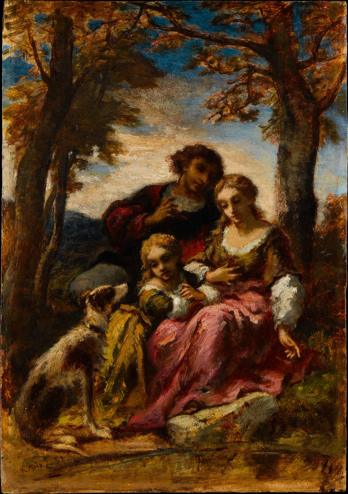 Narcisse Díaz de la Peña, Figure con cane in un paesaggio (1852; olio su tavola, 43,8 x 29,8 cm; New York, Metropolitan Museum) Narcisse Díaz de la Peña, Figure con cane in un paesaggio (1852; olio su tavola, 43,8 x 29,8 cm; New York, Metropolitan Museum)