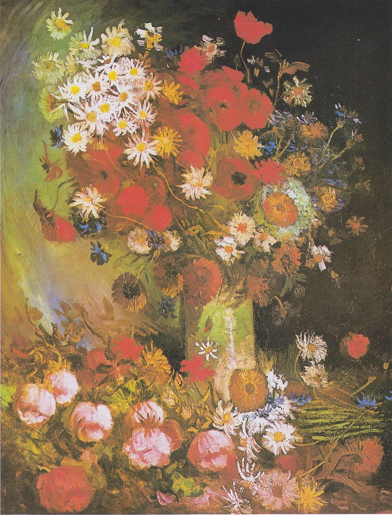 Vincent van Gogh, Vaso con fiordalisi, papaveri, peonie e crisantemi (1886; olio su tela, 99 x 79 cm; Otterlo, Kröller-Müller Museum) Vincent van Gogh, Vaso con fiordalisi, papaveri, peonie e crisantemi (1886; olio su tela, 99 x 79 cm; Otterlo, Kröller-Müller Museum)