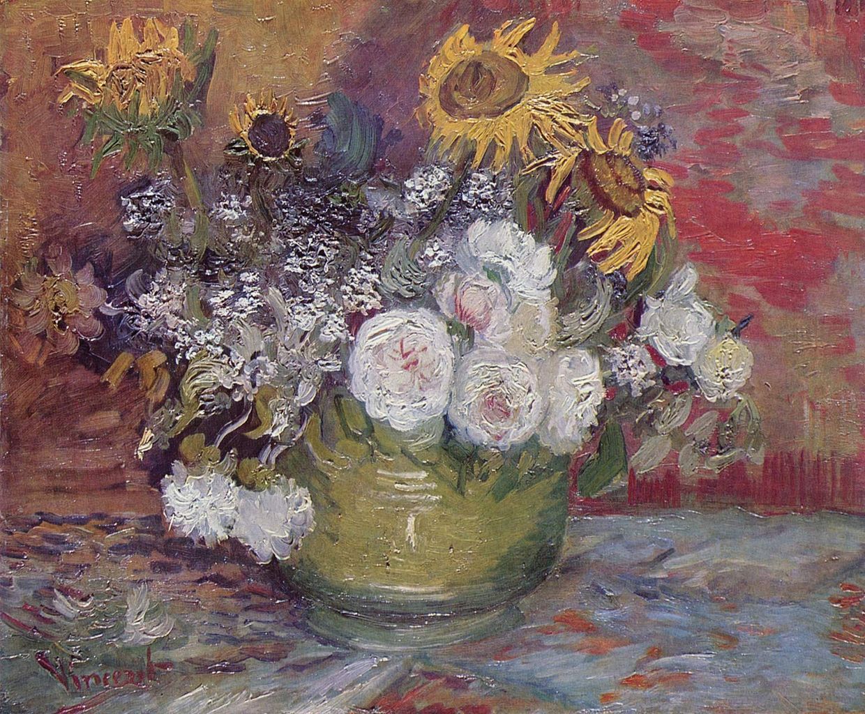 Vincent van Gogh, Bacile con girasoli, rose e altri fiori (1886; olio su tela, 50 x 61 cm; Mannheim, Kunsthalle) Vincent van Gogh, Bacile con girasoli, rose e altri fiori (1886; olio su tela, 50 x 61 cm; Mannheim, Kunsthalle)
