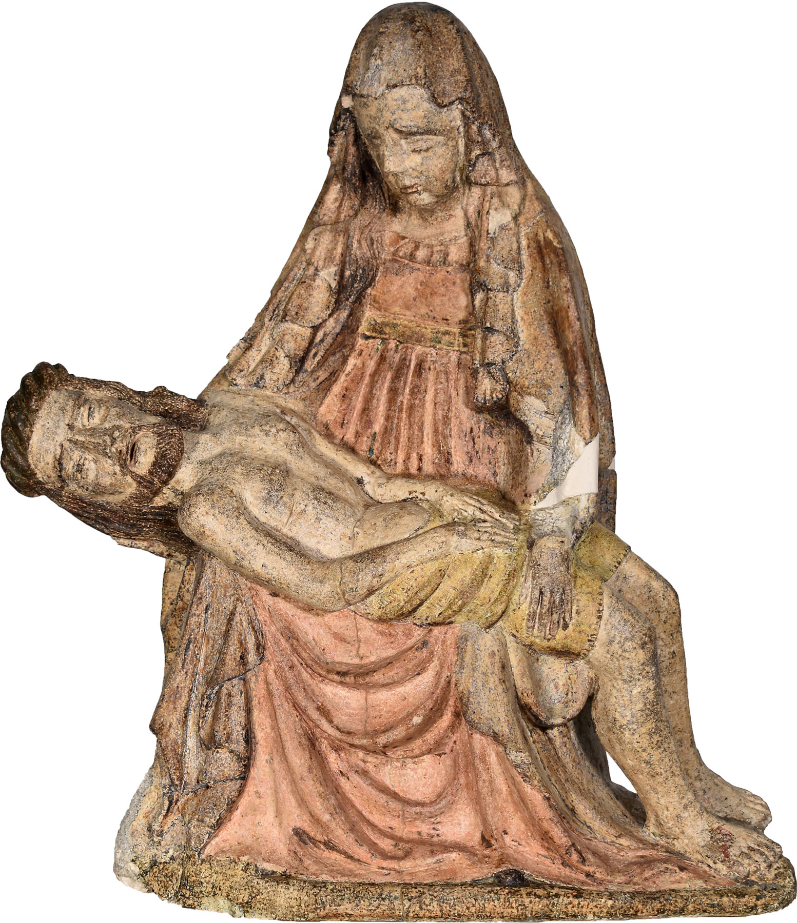 Ambito tedesco, Madonna con Cristo morto o Vesperbild detta Madonna della Cona (seconda metà del XV secolo; scultura lapidea dipinta, 57 x 49 x 19 cm; Castelsantangelo sul Nera, località Forca di Gualdo, chiesa della Madonna della Conaora; conservata ad Ancona, Mole Vanvitelliana, deposito MiBAC di emergenza beni mobili, collocazione H5a)
