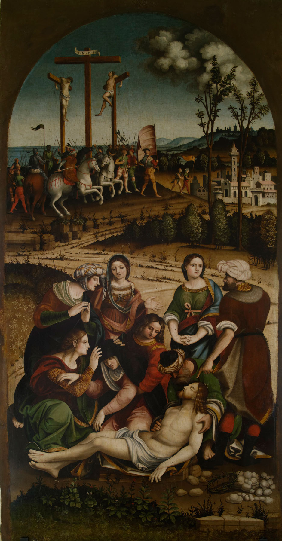 Vincenzo Pagani, Compianto sul Cristo deposto (1529; olio su tavola centinata, 277 x 148 cm; Sarnano, Pinacoteca Civica – Rete Museale dei Sibillini)
