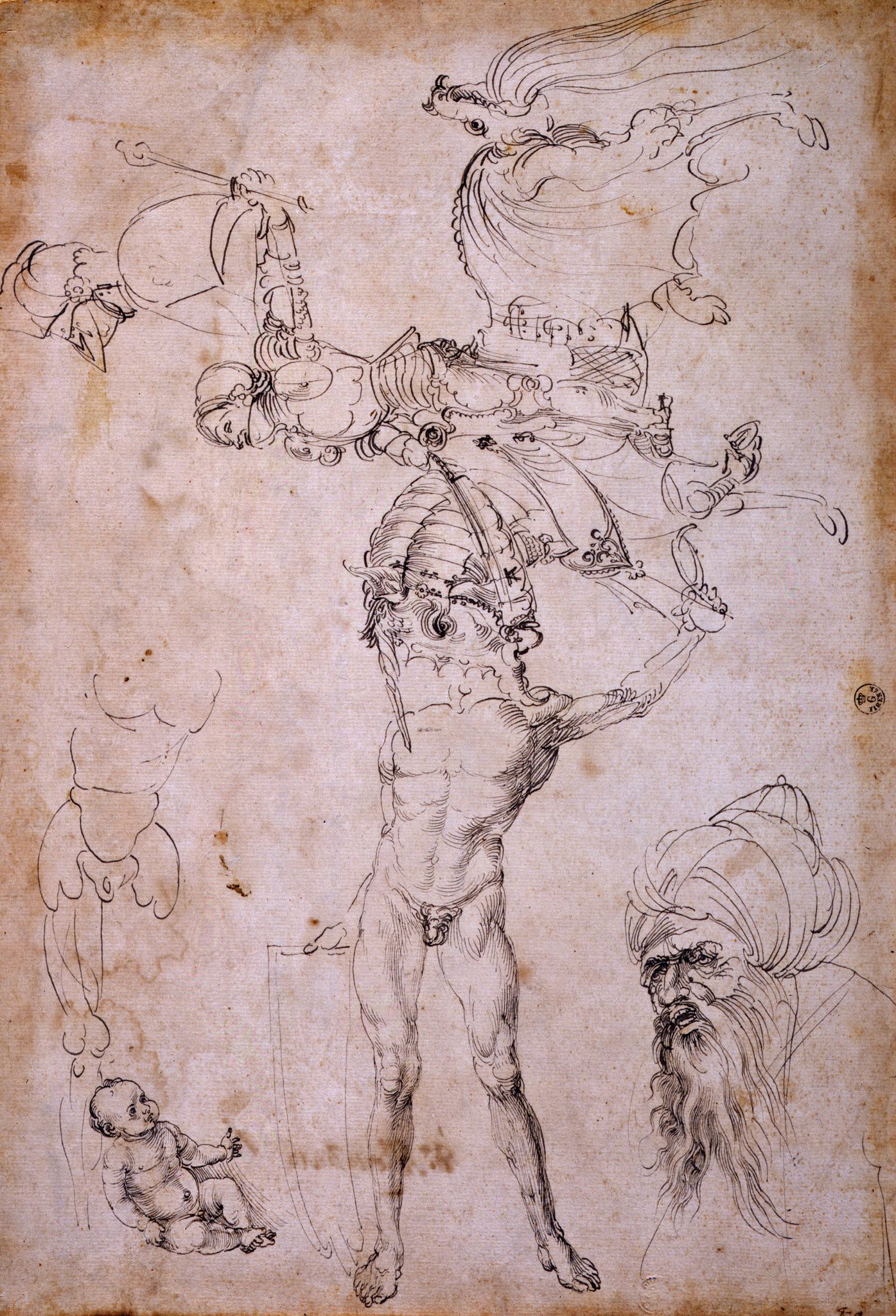 Albrecht Dürer, Foglio con studi vari (1495 circa; penna a inchiostro nero e grigio su carta, 370 x 255 mm; Firenze, Gallerie degli Uffizi, Gabinetto dei Disegni e delle Stampe, inv. 1049E) Albrecht Dürer, Foglio con studi vari (1495 circa; penna a inchiostro nero e grigio su carta, 370 x 255 mm; Firenze, Gallerie degli Uffizi, Gabinetto dei Disegni e delle Stampe, inv. 1049E)