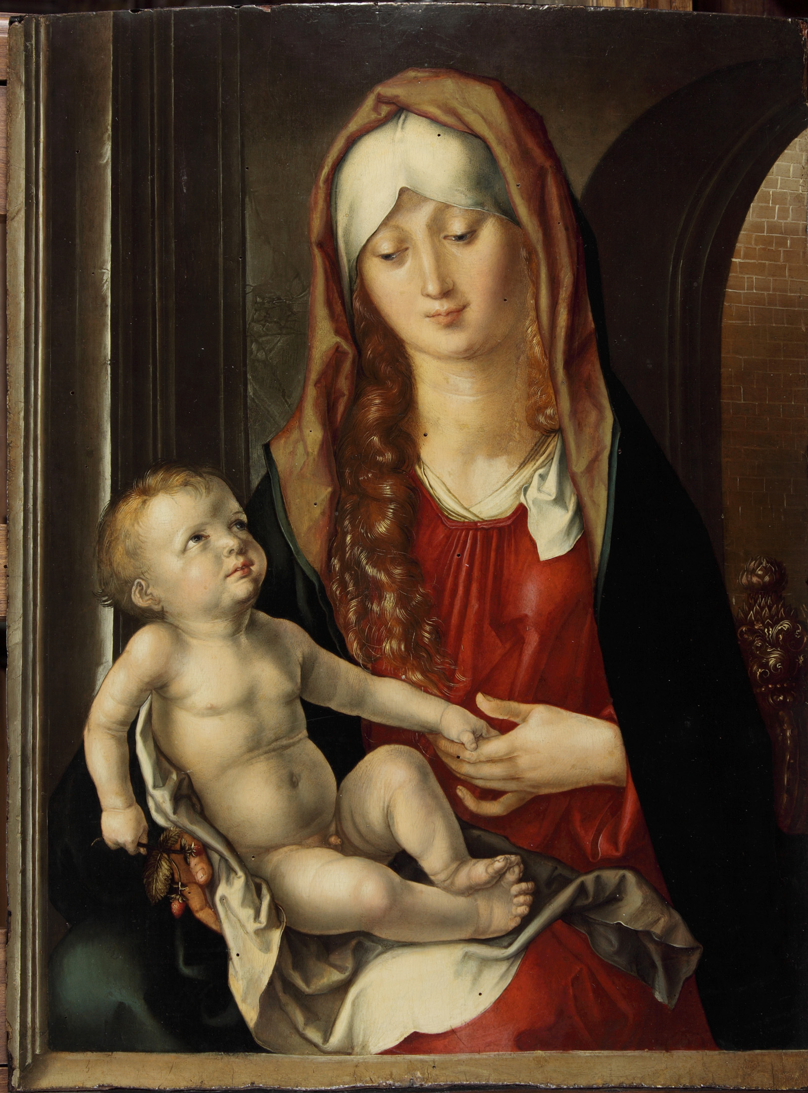 Albrecht Dürer, Madonna del Patrocinio o Madonna di Bagnacavallo (1495-97 circa; olio su tavola, 47,8 x 36,5 cm; Mamiano di Traversetolo, Fondazione Magnani-Rocca, inv. 581) Albrecht Dürer, Madonna del Patrocinio o Madonna di Bagnacavallo (1495-97 circa; olio su tavola, 47,8 x 36,5 cm; Mamiano di Traversetolo, Fondazione Magnani-Rocca, inv. 581)