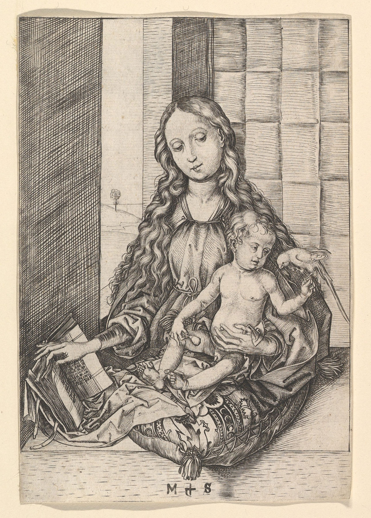 Martin Schongauer, Madonna del pappagallo (1470-75 circa; bulino, 155,8×107 mm; New York, The Metropolitan Museum of Art) Martin Schongauer, Madonna del pappagallo (1470-75 circa; bulino, 155,8×107 mm; New York, The Metropolitan Museum of Art)