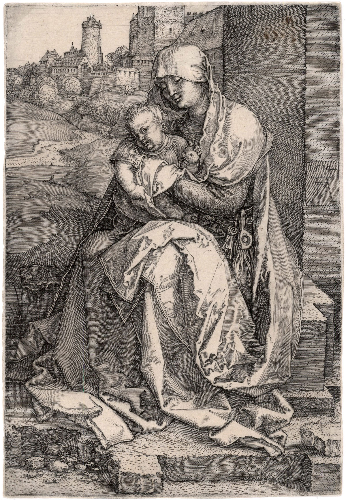 Albrecht Dürer, La Madonna col Bambino seduta presso un muro (1514; bulino, 147 x 101 mm, esemplare privo di margini; esemplare di unico stato, variante A secondo Meder; iscrizioni: a destra, verso il centro, data e monogramma AD) Albrecht Dürer, La Madonna col Bambino seduta presso un muro (1514; bulino, 147 x 101 mm, esemplare privo di margini; esemplare di unico stato, variante A secondo Meder; iscrizioni: a destra, verso il centro, data e monogramma AD)