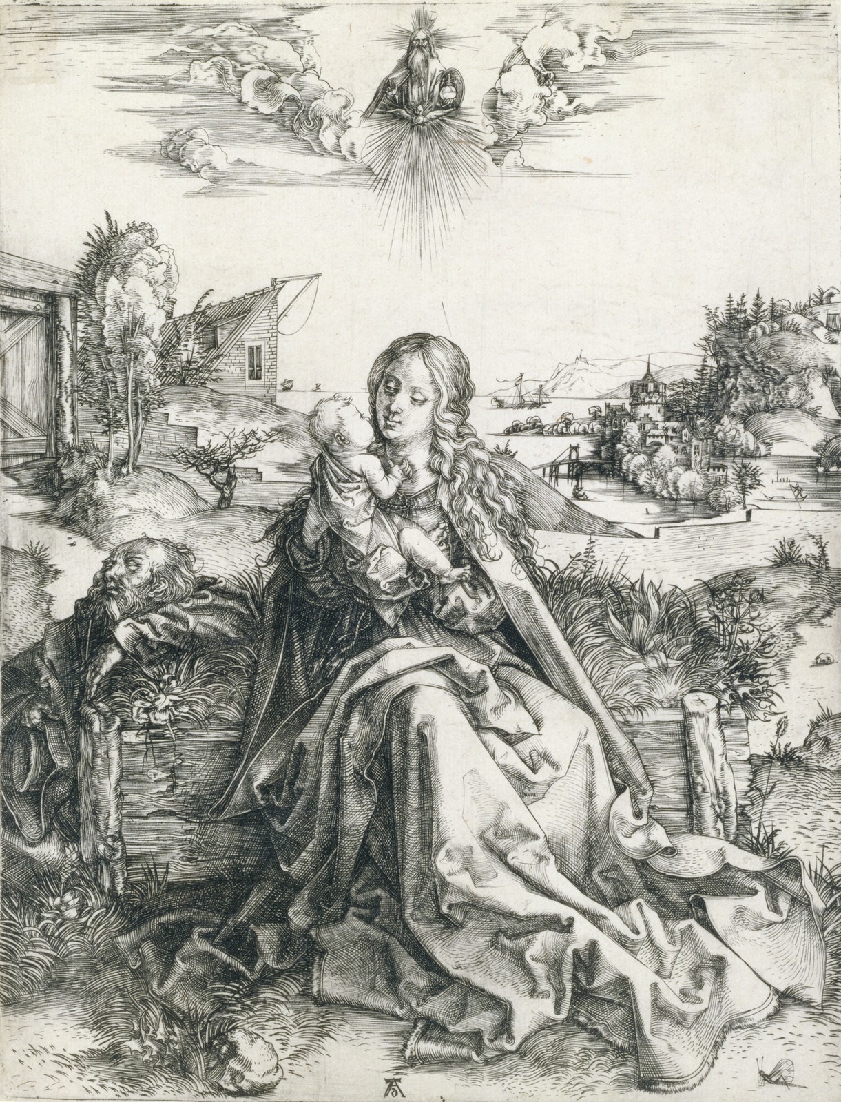 Albrecht Dürer, La Sacra Famiglia della libellula (1495 circa; bulino, 240 x 188 mm, esemplare privo di margini; esemplare di unico stato, con caratteristiche simili alla variante C secondo Meder; iscrizioni: in basso al centro monogramma AD; filigrana parzialmente visibile ma non identificabile; Pavia, Musei Civici) Albrecht Dürer, La Sacra Famiglia della libellula (1495 circa; bulino, 240 x 188 mm, esemplare privo di margini; esemplare di unico stato, con caratteristiche simili alla variante C secondo Meder; iscrizioni: in basso al centro monogramma AD; filigrana parzialmente visibile ma non identificabile; Pavia, Musei Civici)