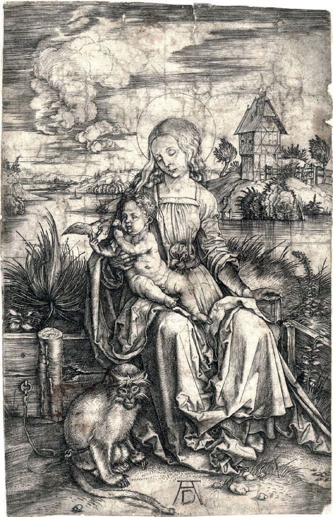Albrecht Dürer, Madonna della scimmia (1497-98; bulino, 189 x 121 mm, esemplare privo di margini; esemplare di unico stato, con caratteristiche simili alla variante E o F secondo Meder; iscrizioni: monogramma AD in basso al centro; Novara, Musei Civici) Albrecht Dürer, Madonna della scimmia (1497-98; bulino, 189 x 121 mm, esemplare privo di margini; esemplare di unico stato, con caratteristiche simili alla variante E o F secondo Meder; iscrizioni: monogramma AD in basso al centro; Novara, Musei Civici)