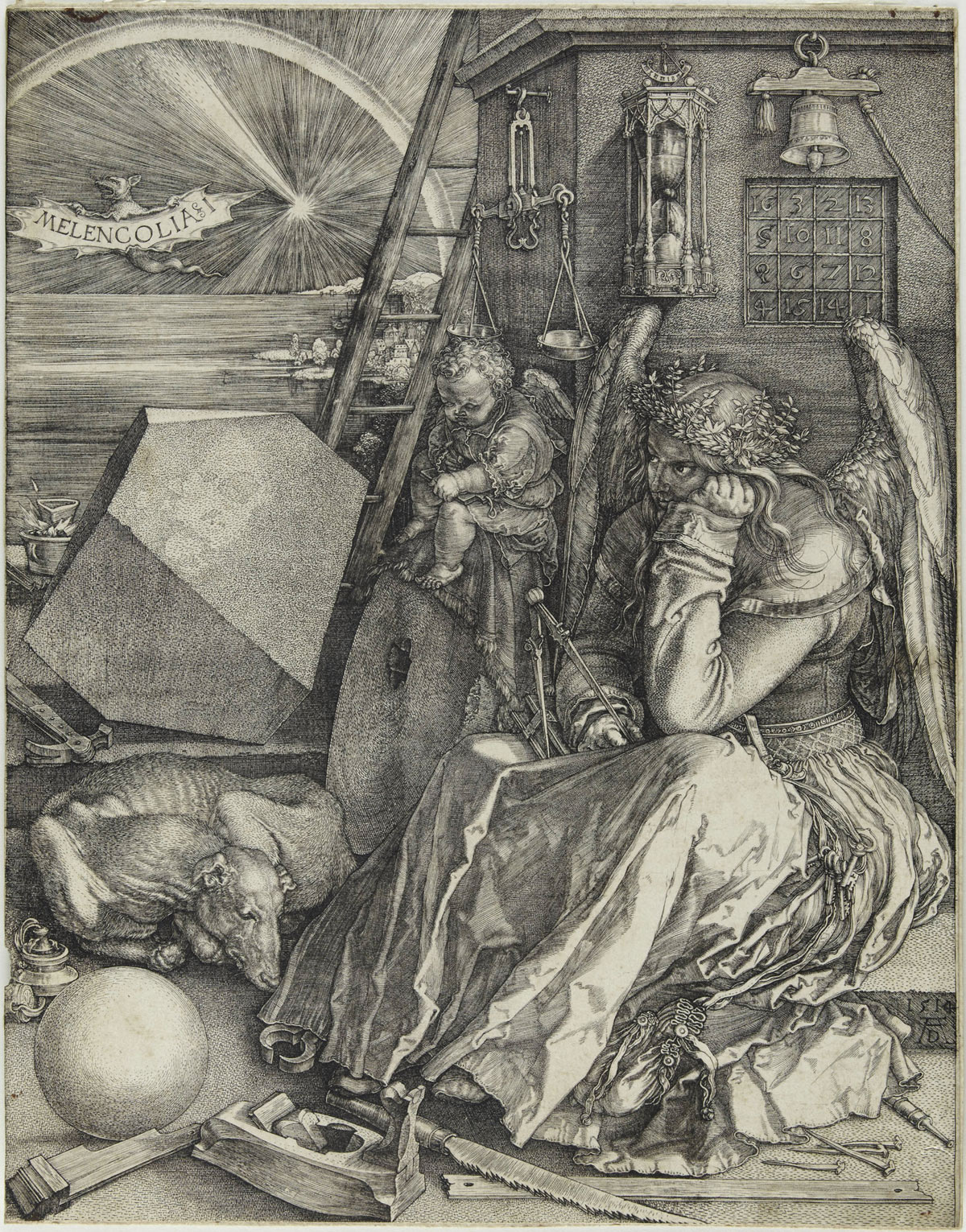 Albrecht Dürer, Melencolia I (Melanconia) (1514; bulino, 240 x 186 mm, esemplare privo di margini; esemplare di II stato su due, con caratteristiche simili alla variante D secondo Meder; iscrizioni: data e monogramma AD in basso a destra) Albrecht Dürer, Melencolia I (Melanconia) (1514; bulino, 240 x 186 mm, esemplare privo di margini; esemplare di II stato su due, con caratteristiche simili alla variante D secondo Meder; iscrizioni: data e monogramma AD in basso a destra)