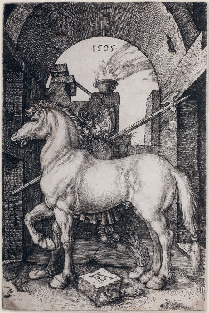 Albrecht Dürer, Il piccolo cavallo (1505; bulino, 165 x 108 mm, esemplare privo di margini; esemplare di unico stato, in variante A secondo Meder; iscrizioni: in alto al centro la data; in basso al centro il monogramma AD; filigrana: testa di toro e triangolo - M. 62; BR. 14881; Collezione privata) Albrecht Dürer, Il piccolo cavallo (1505; bulino, 165 x 108 mm, esemplare privo di margini; esemplare di unico stato, in variante A secondo Meder; iscrizioni: in alto al centro la data; in basso al centro il monogramma AD; filigrana: testa di toro e triangolo - M. 62; BR. 14881; Collezione privata)