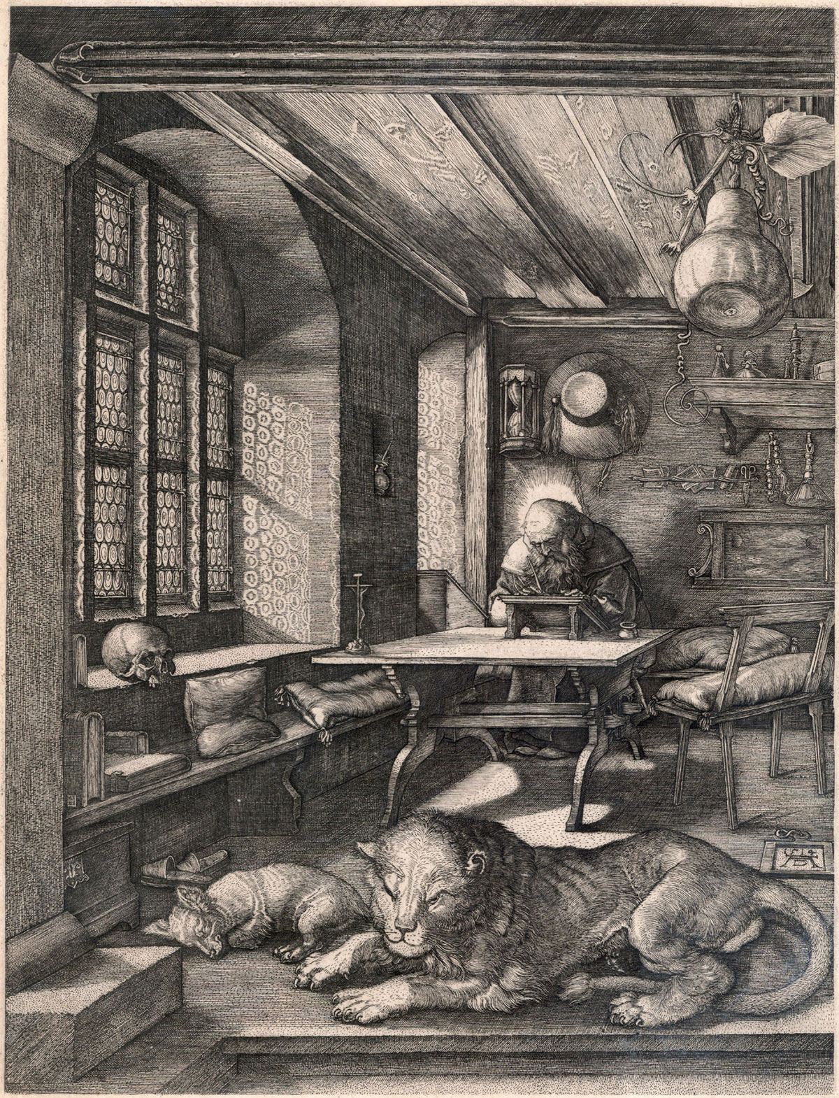 Albrecht Dürer, San Girolamo nello studio (1511; xilografia,  235 x 160 mm, esemplare con piccoli margini; esemplare di unico stato, con caratteristiche simili alla variante E secondo Meder; iscrizioni: data in basso a destra, monogramma AD in basso al centro; Pavia, Musei Civici) Albrecht Dürer, San Girolamo nello studio (1511; xilografia,  235 x 160 mm, esemplare con piccoli margini; esemplare di unico stato, con caratteristiche simili alla variante E secondo Meder; iscrizioni: data in basso a destra, monogramma AD in basso al centro; Pavia, Musei Civici)